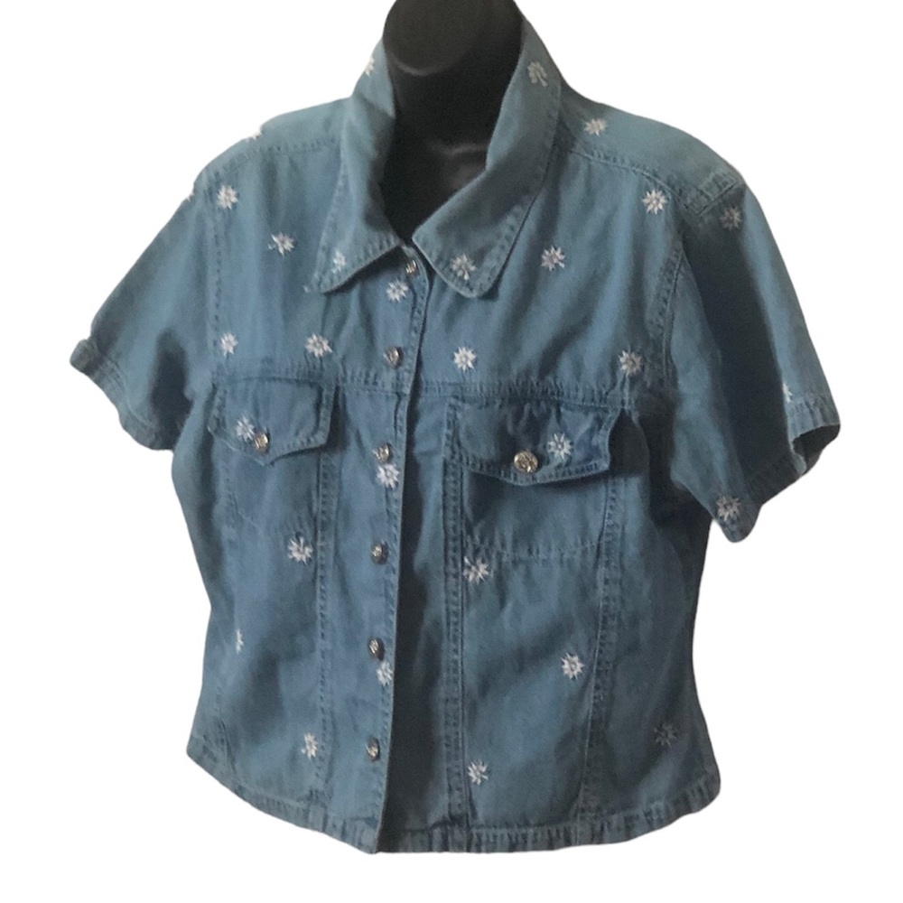Newport News Vintage Womens Denim Blue Button Down Cropped Shirt Top Size 18